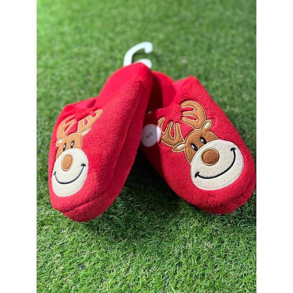 Boys Girls Red Plush Reindeer Slippers with Non-Slip Sole 8/9